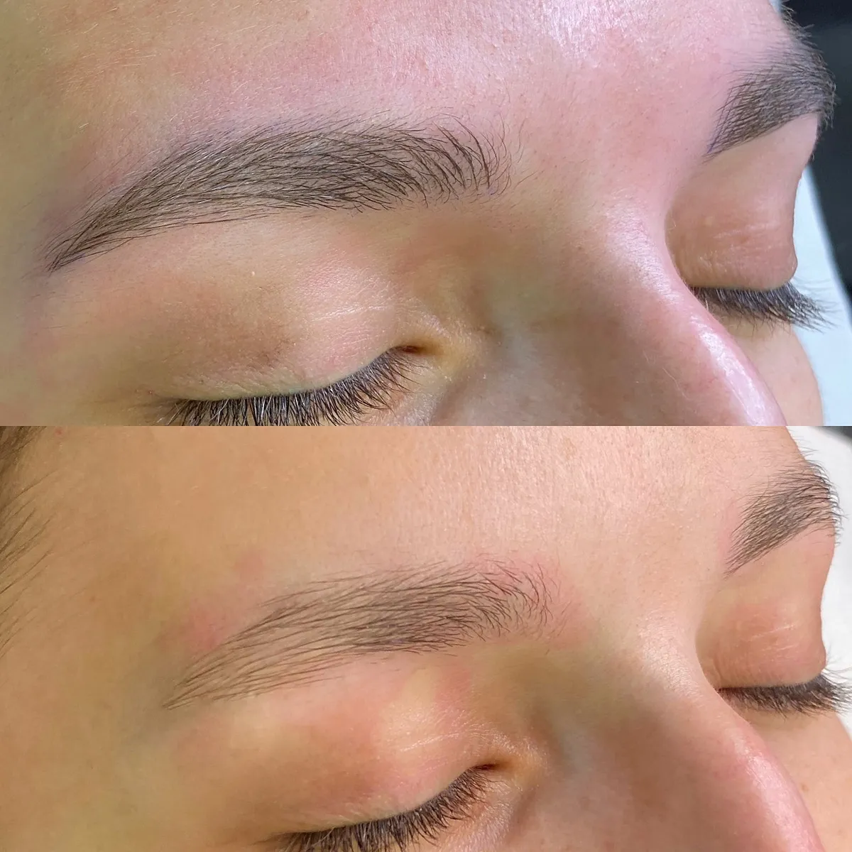 Dos vistas de unas cejas con microblading pelo a pelo, con trazos finos en la dirección del vello